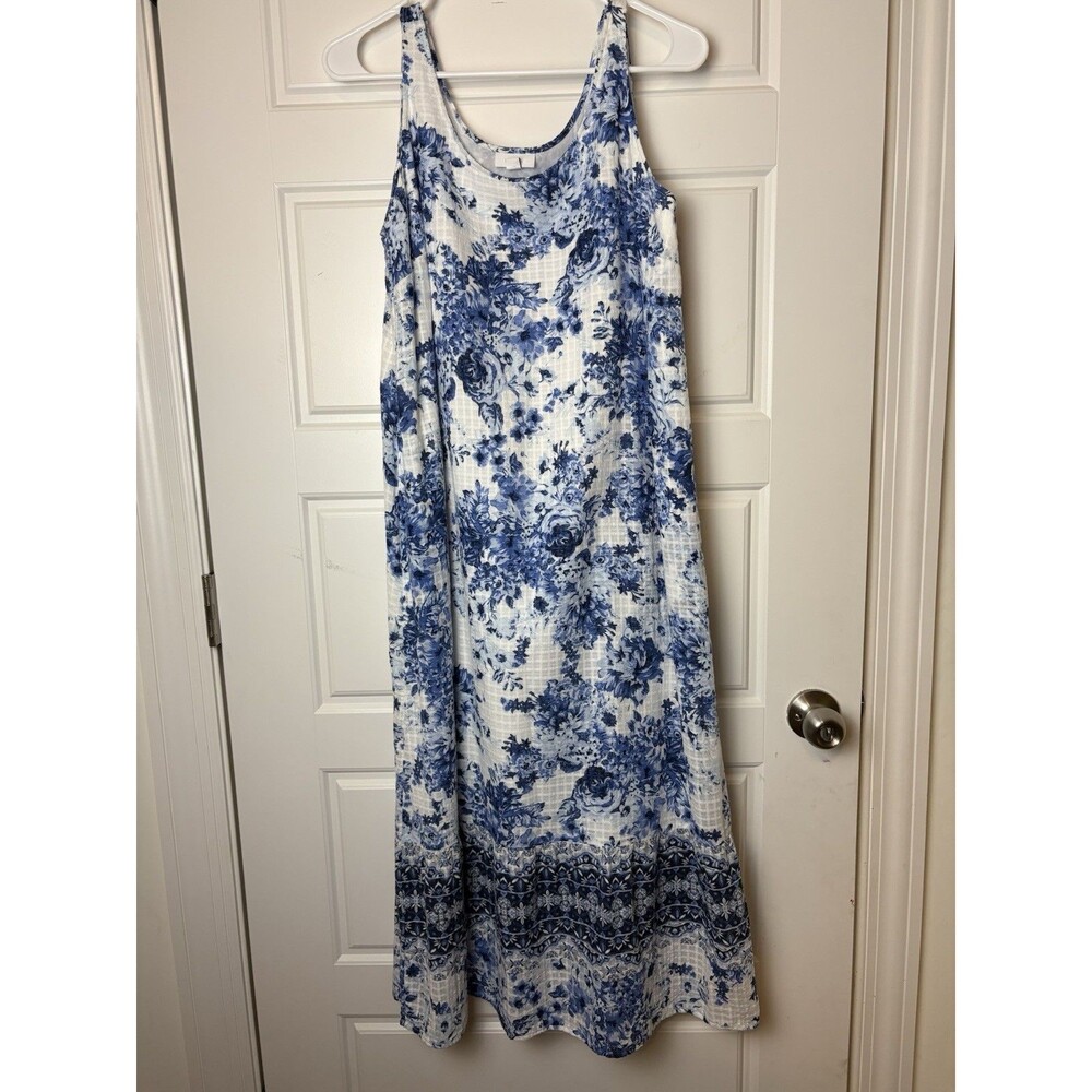 J JILL 100% Cotton Sleeveless Maxi Dress Large Petite White Blue Floral Pockets
